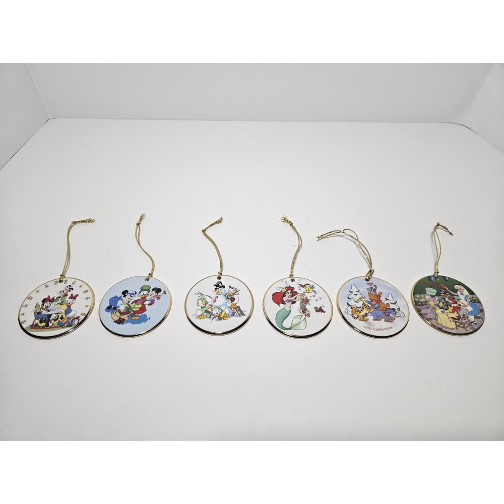 Disney Grolier Porcelain Christmas Ornament Lot Mickey Ariel Pooh Alice Vintage